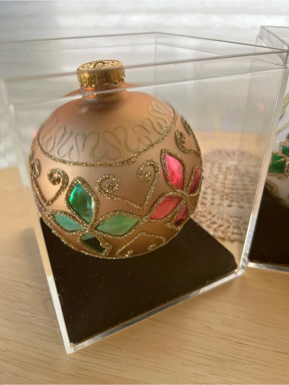 Decorative Red and Gold Glass Bowl with Embellished Ornaments